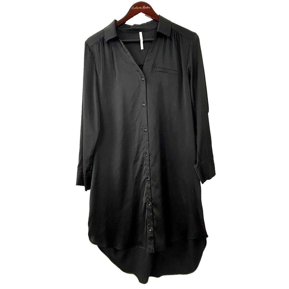 Soma Women Satin Feel Black Button Front Nightshirt Sz M Sleepwear High Low Hem